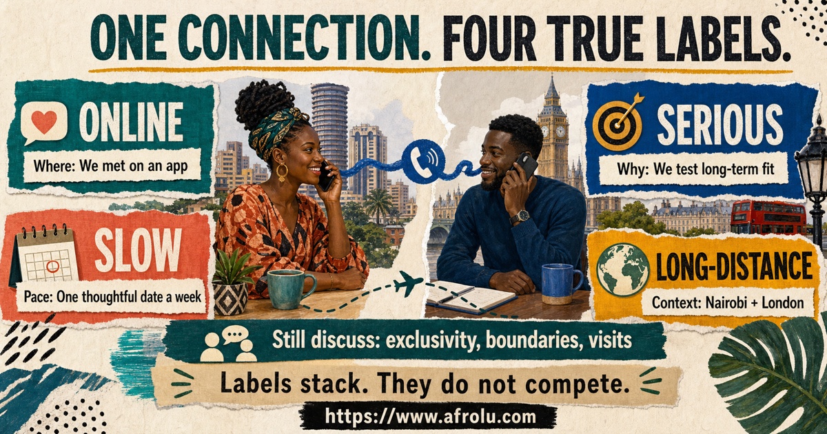 One relationship described as online, serious, slow, and long-distance to show that dating types can overlap