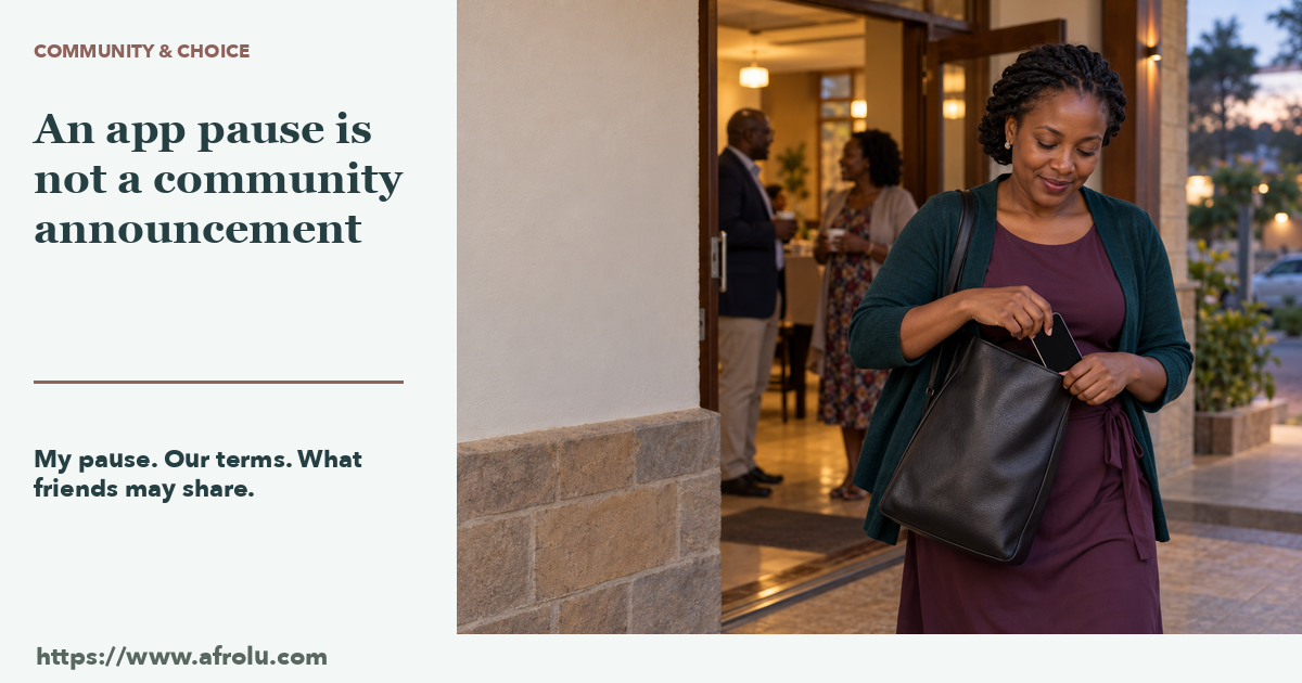 An adult woman outside a lit community hall puts a dark-screen phone into her shoulder bag while two acquaintances talk softly out of focus.