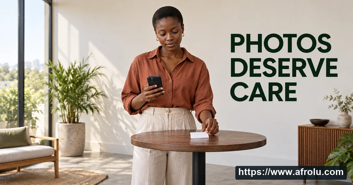 An adult woman holds a phone and places a blank card face down on a table.