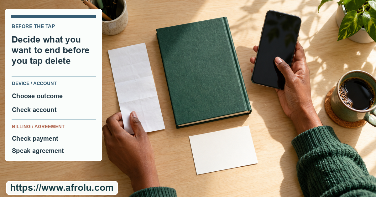 An adult student's hands place an unbranded phone beside a closed study book and a plain subscription receipt on a bright shared table.