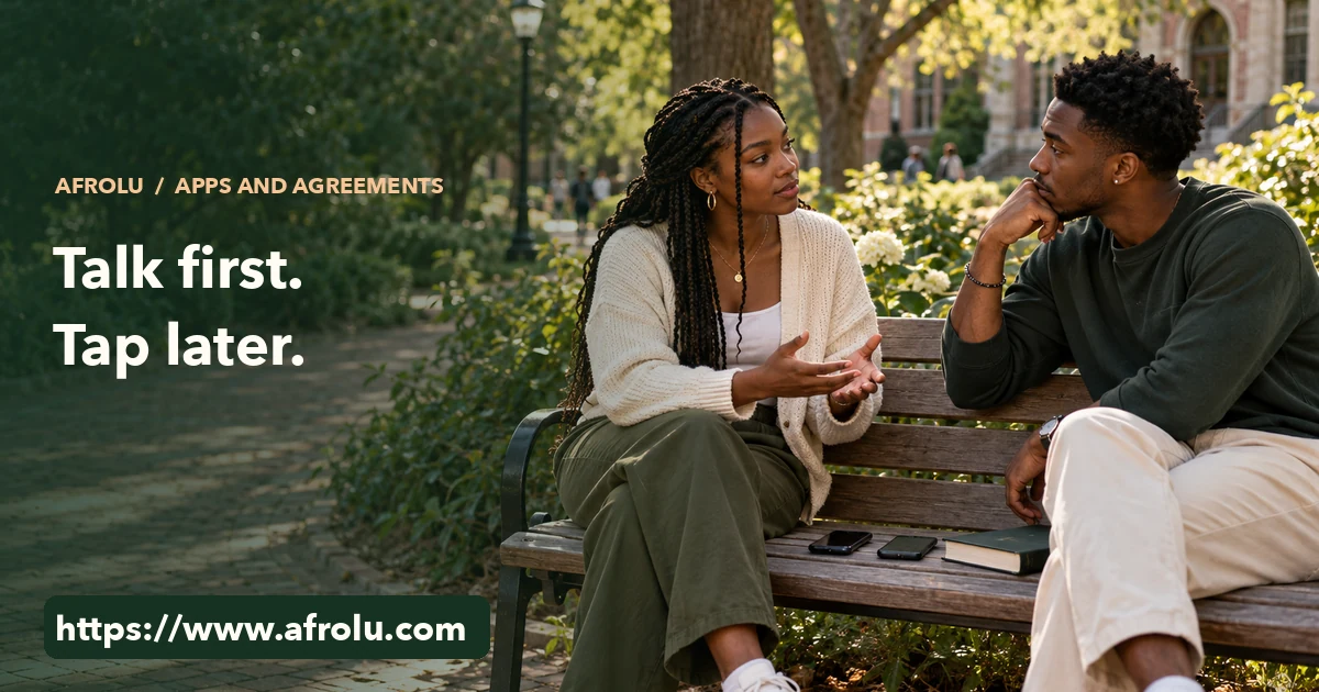 Two adult students talk on a public campus bench with two phones face down beside a closed study book.