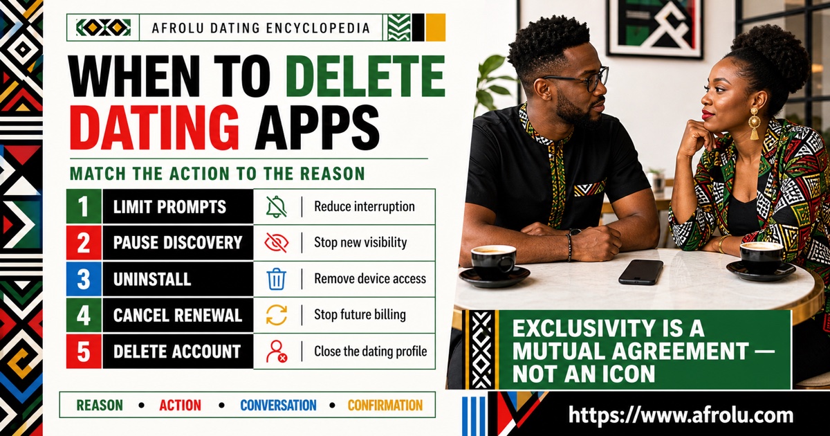 When to delete dating apps guide showing the five actions limit, pause, uninstall, cancel billing, and delete account