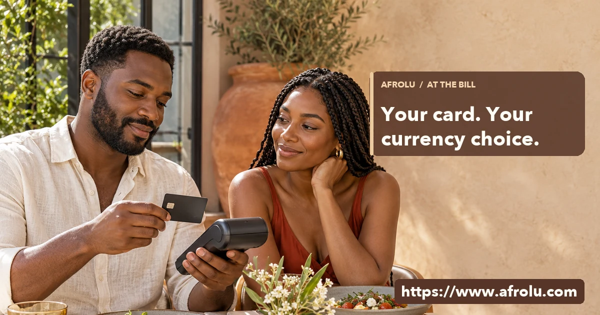 Two adults discuss a dinner bill while the cardholder studies a payment terminal.