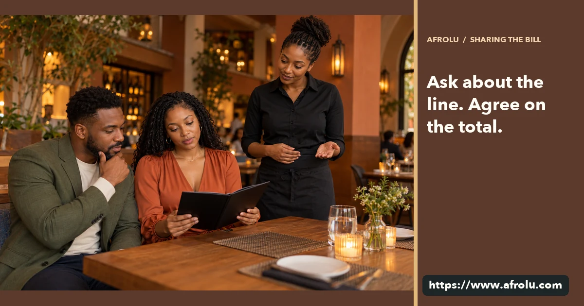 Two adult daters review a restaurant bill folder together at a public table.