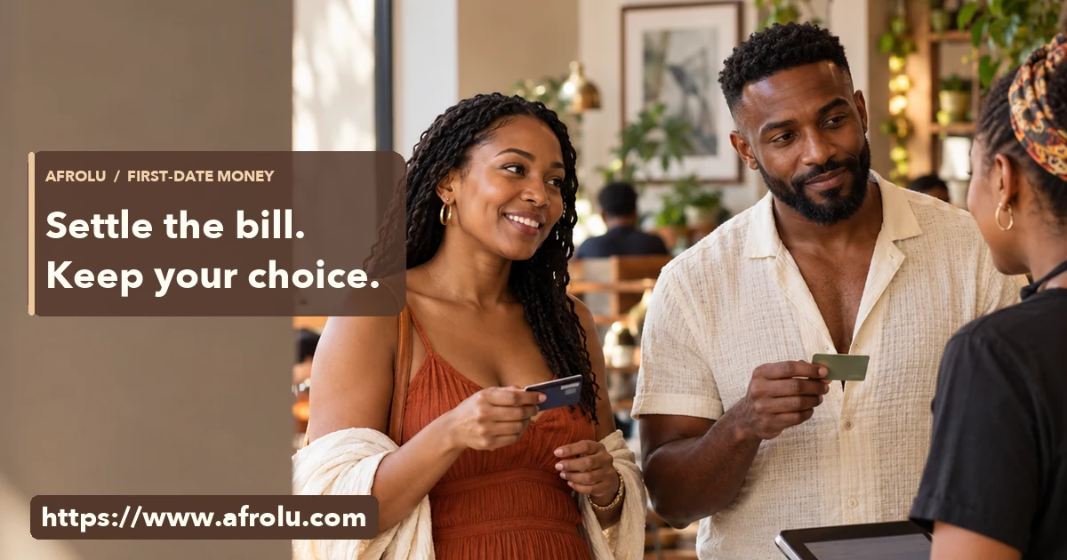 Two adult Black daters each hold a card while discussing a cafe bill with a cashier.