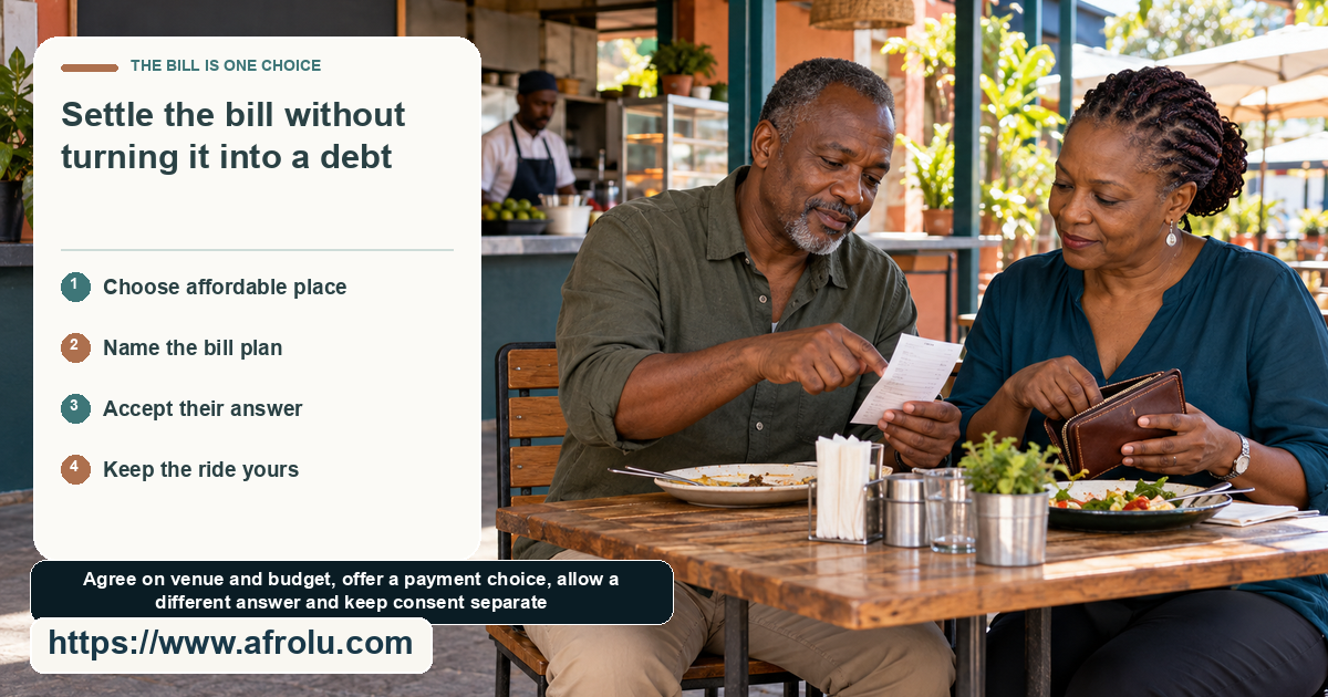 Two adults at an open-air lunch counter look at a blank receipt while each has access to their own wallet.