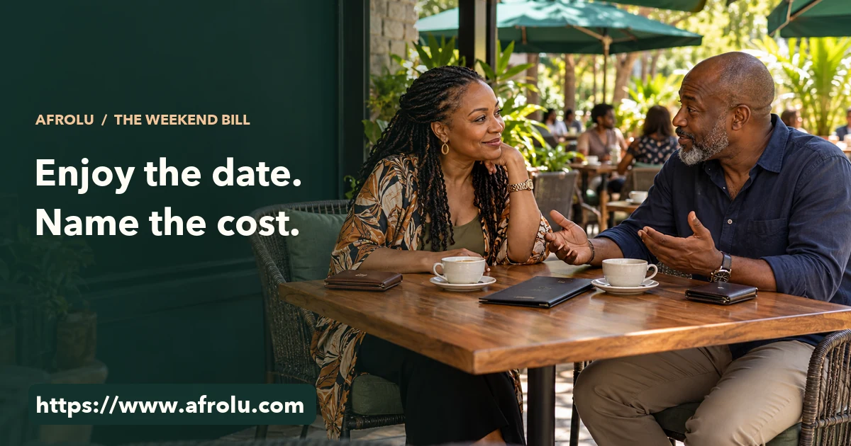 Two adults in their fifties discuss a bill folder between cups on a public restaurant terrace.