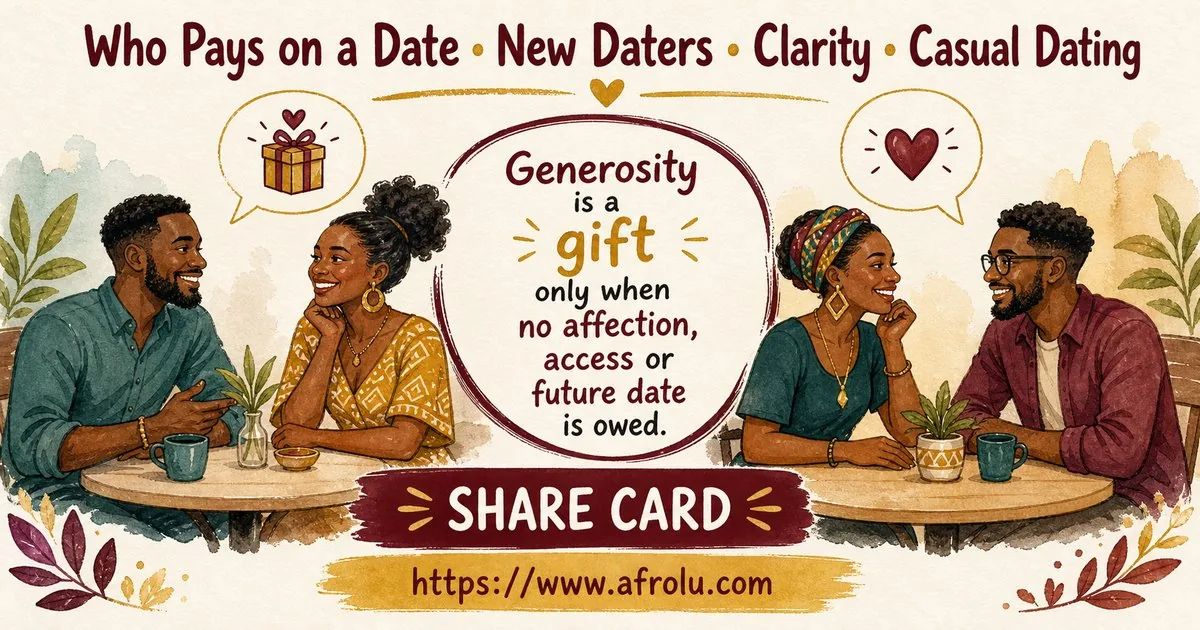 Who Pays on a Date? A Clear Guide to Budget, Offers and No Obligation for New Relationship Starters: Clarity-first in Casual-But-Honest Dating: Afrolu shareable reminder