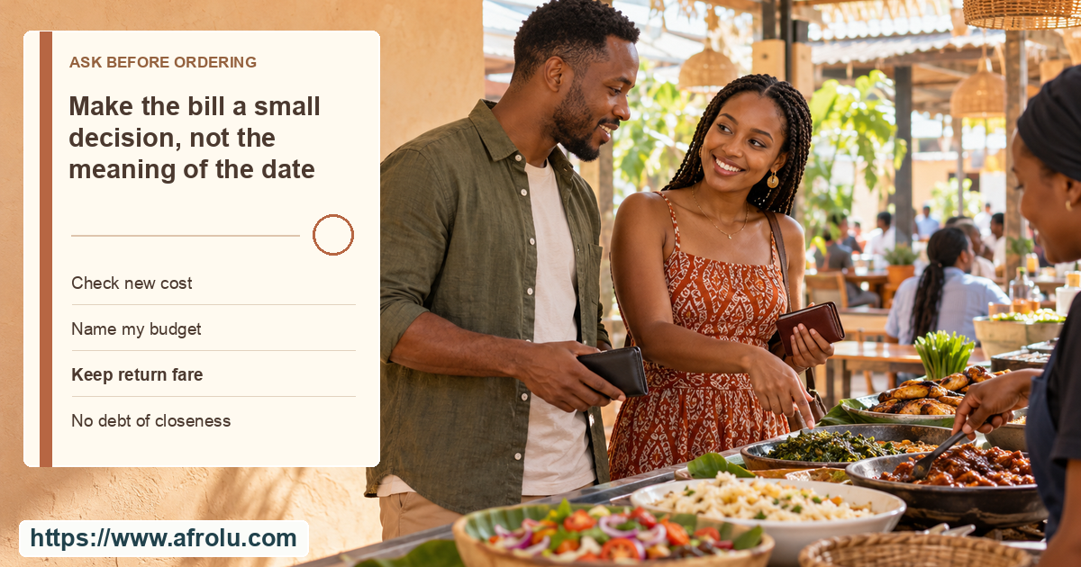 Two adults at a bright open-air food market counter each hold a plain wallet while deciding whether to keep their modest meal plan.