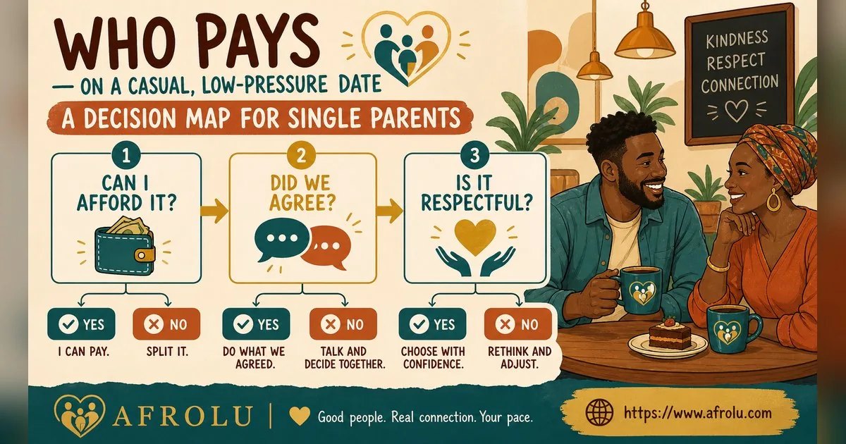 Who Pays on a Date? A Clear Guide to Budget, Offers and No Obligation for Parents Returning To Dating: Low-pressure in Casual-But-Honest Dating: Afrolu decision path
