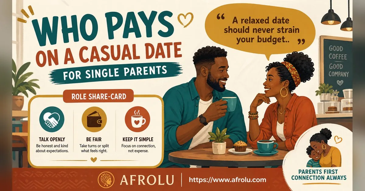 Who Pays on a Date? A Clear Guide to Budget, Offers and No Obligation for Parents Returning To Dating: Low-pressure in Casual-But-Honest Dating: Afrolu shareable reminder