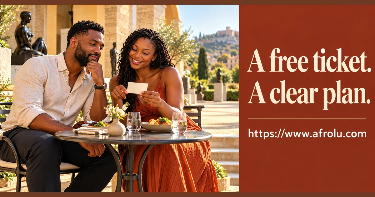 Two adults look at a plain ticket together over a café meal.
