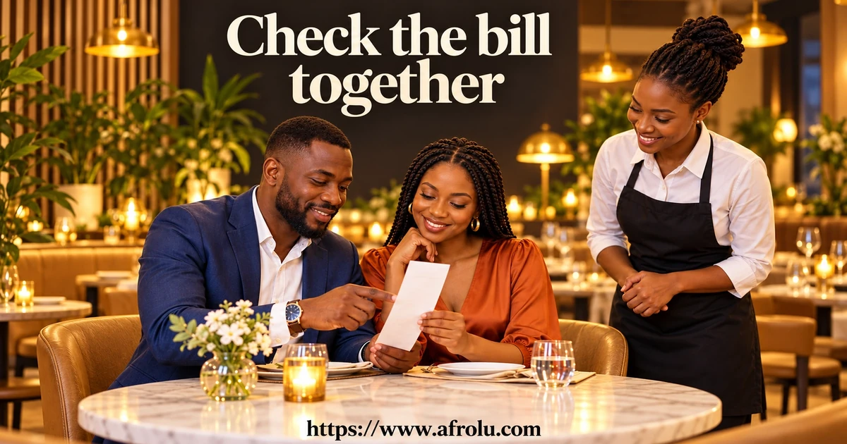 Two adults check a restaurant bill with a server.