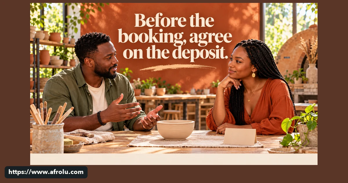 Two adults discuss a pottery class at a studio table before making a booking.