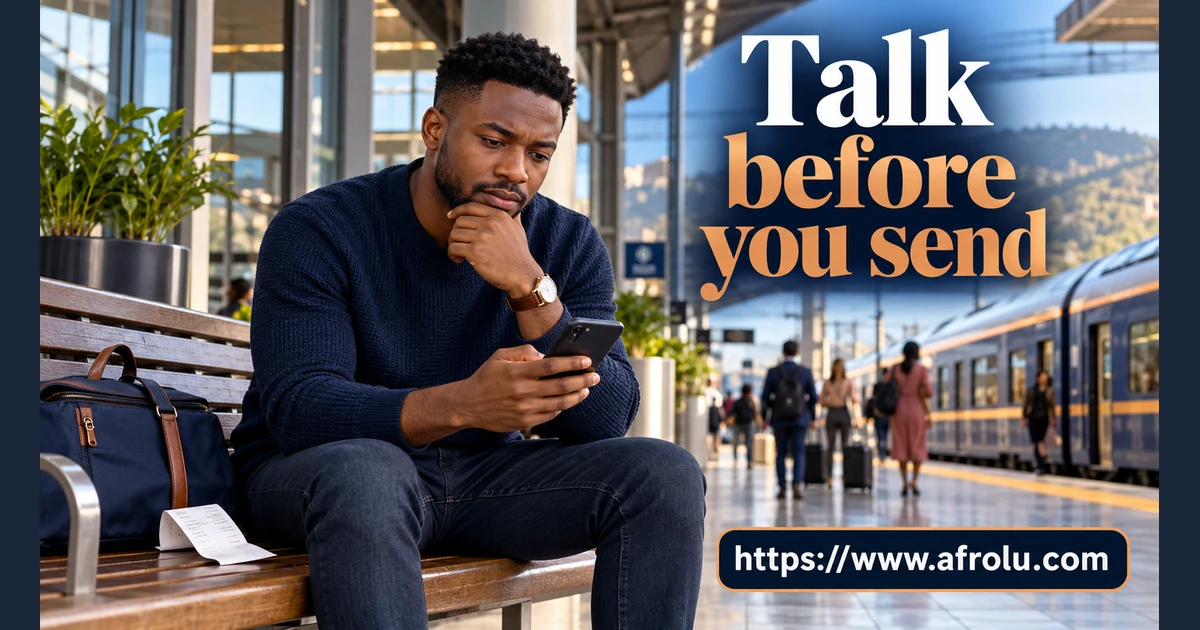 An adult man sits at a train station looking at a phone, with a receipt beside him.