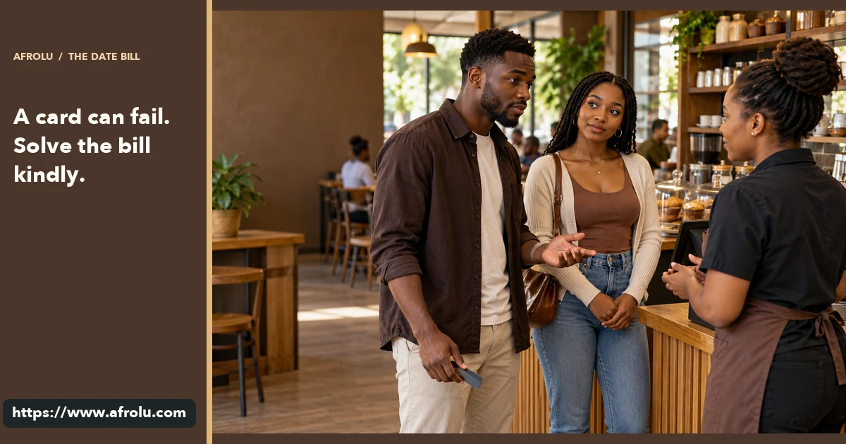 Two adult students calmly speak with a cashier after a card payment does not go through.
