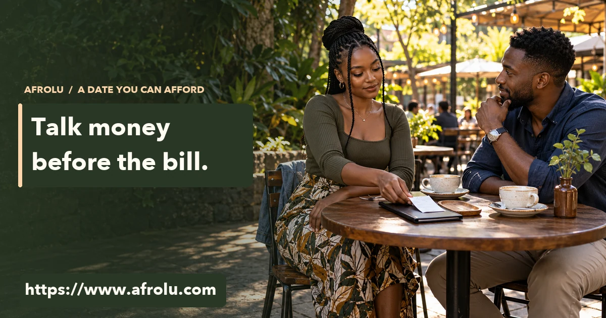 Two adults look at a café receipt over drinks at an outdoor table.