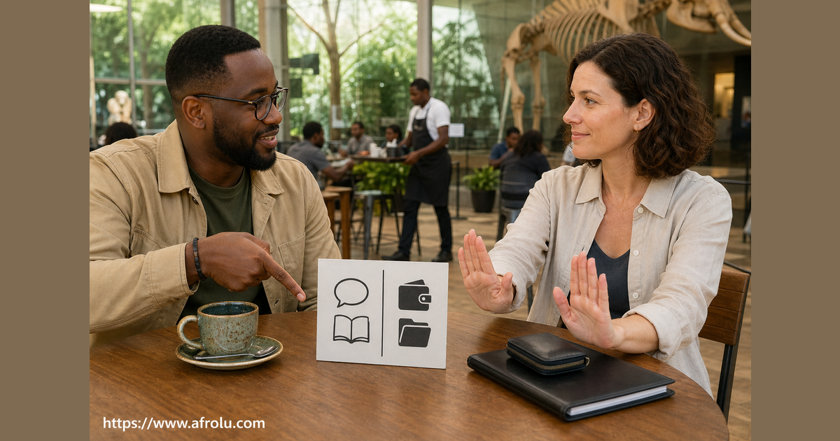 Cross-cultural adults choose ordinary-life conversation while keeping wallets and private documents outside the date