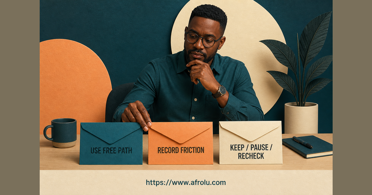 An adult reader chooses a free-path test records friction and then keeps pauses or rechecks the available app