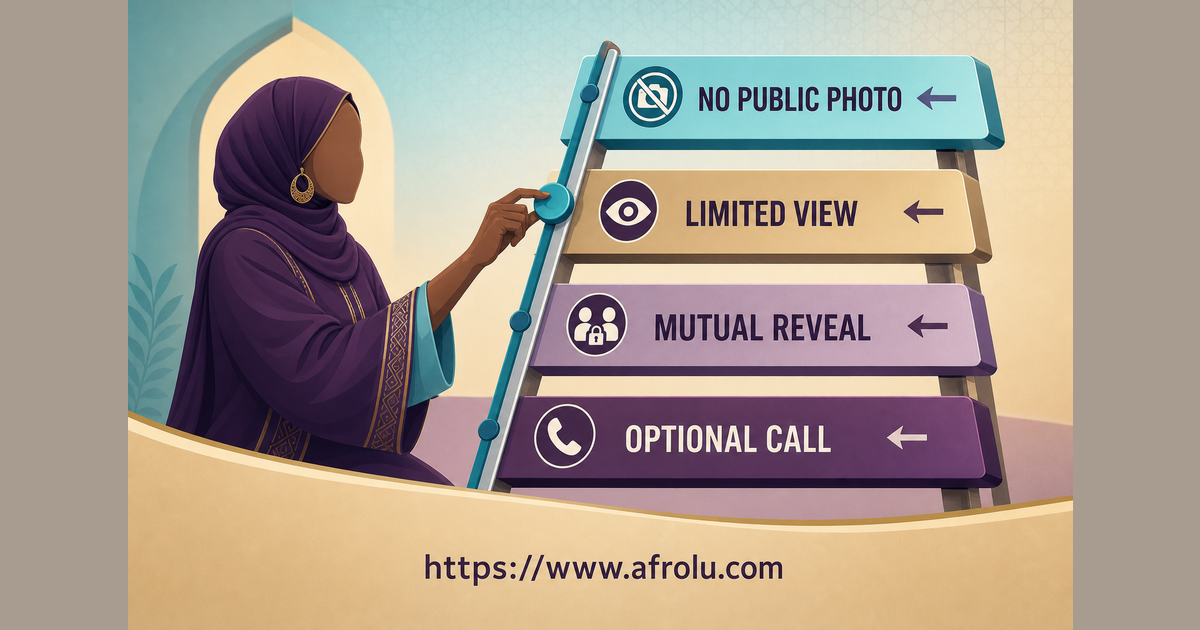 A Muslim adult controls a reversible ladder from no public photo through limited view mutual reveal and an optional call