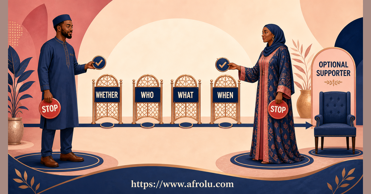Two Muslim adults use whether who what and when gates before mutually inviting an optional conversation supporter