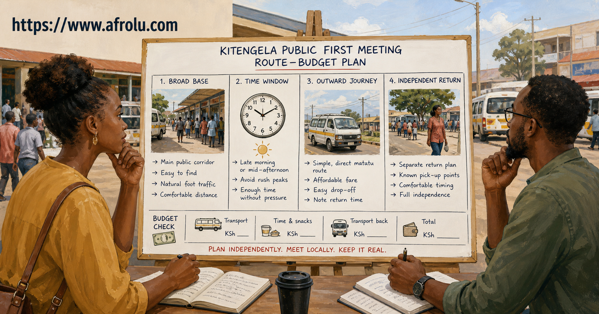 Two Kenyan adults turn broad location time outward travel and independent return into a realistic Kitengela meeting budget