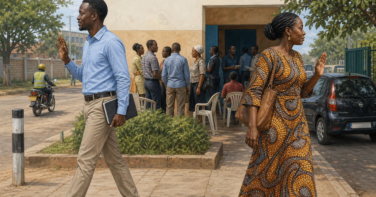 Two adults leave a daylight Kitengela public meeting through separately controlled return plans