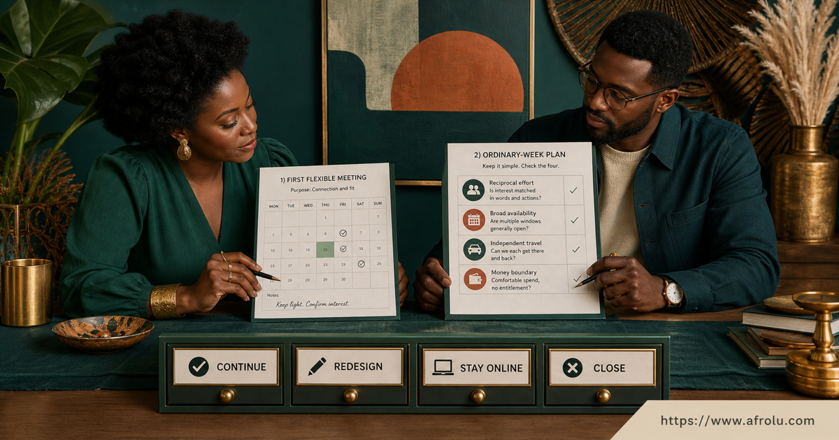 Two adults compare a flexible first meeting with an ordinary-week plan before choosing continue redesign stay online or close