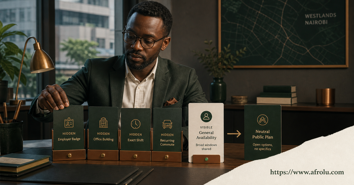 Westlands work privacy desk hides employer office exact shift and commute while retaining general availability and a neutral public plan
