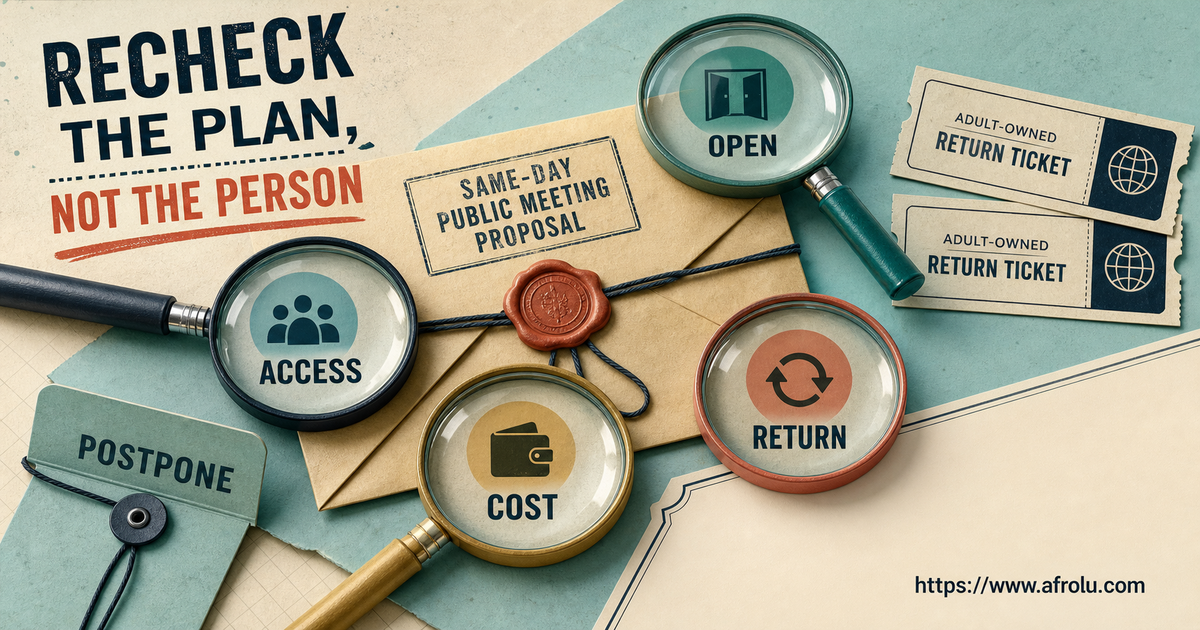 A South C public proposal is checked through operation access cost and return lenses beside two adult-owned return tickets