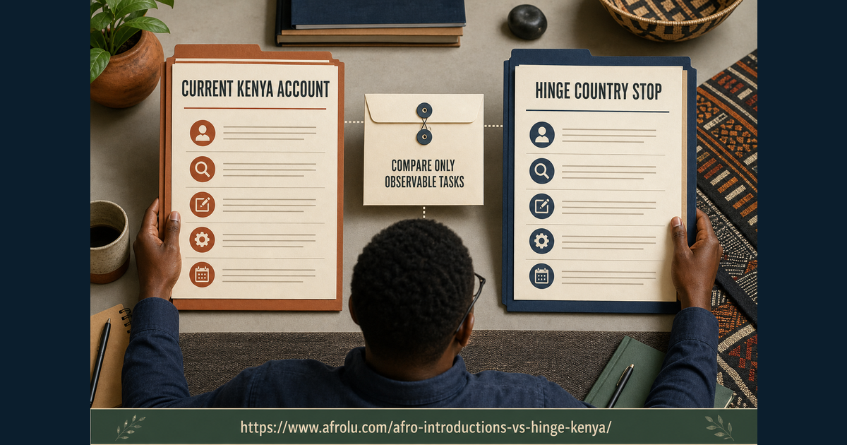 AfroIntroductions current Kenya account file beside a stopped Hinge country file and observable-task envelope