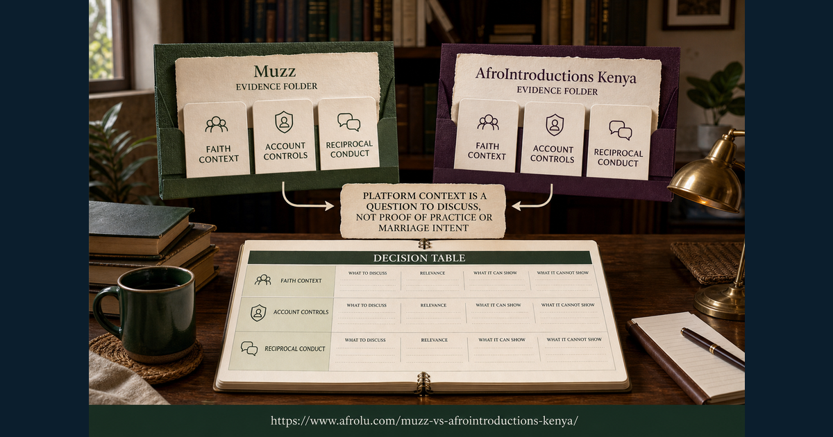 Muzz and AfroIntroductions evidence folders separating faith context account controls and reciprocal conduct