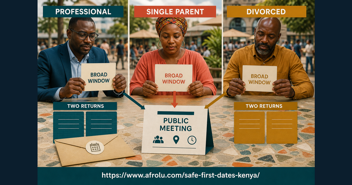 Three Kenyan adults plan a public first date using a broad time window and two independent returns