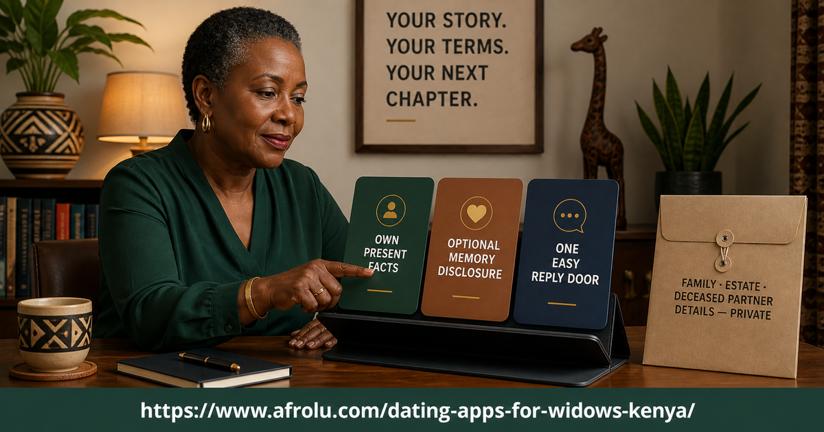 Kenyan widow edits a profile from present facts with optional memory disclosure and a reply door while family and estate details stay sealed