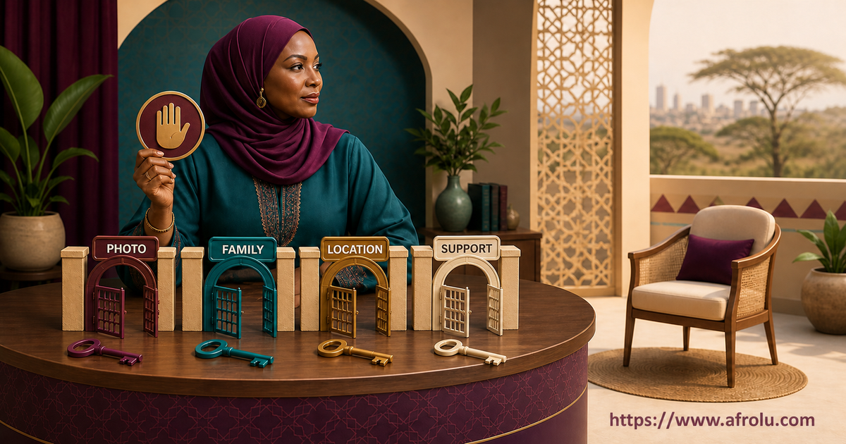 Muslim Kenyan woman controls photo family location and optional support through four independent gates