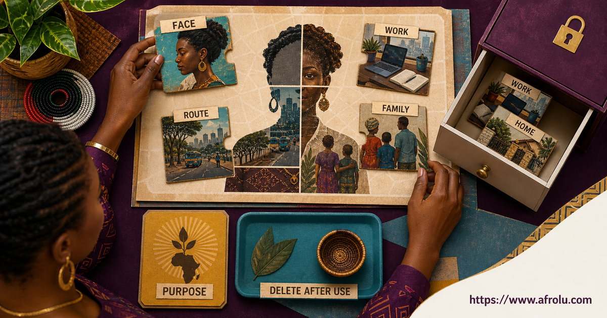 Kenyan woman removes workplace and home fragments from a dating-profile identity mosaic and uses purpose and delete-after-use controls