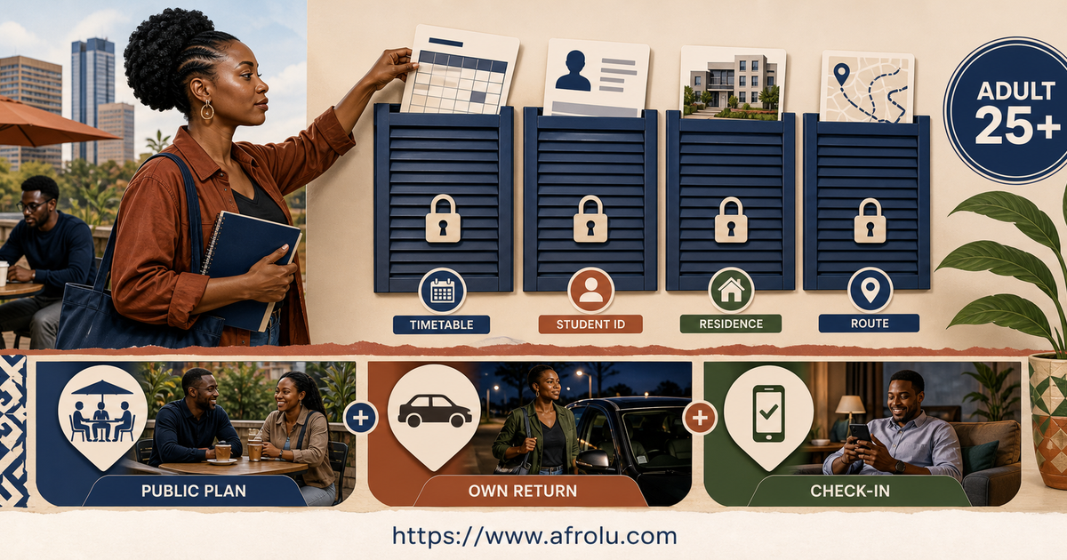 Visibly 25-plus Kenyan adult learner protects timetable student ID residence and route before a public date with own return and check-in