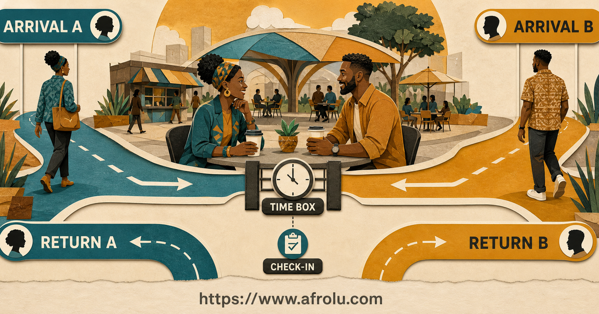 Two Kenyan adults use separate arrival and return lanes around a public time-boxed first date with a chosen check-in