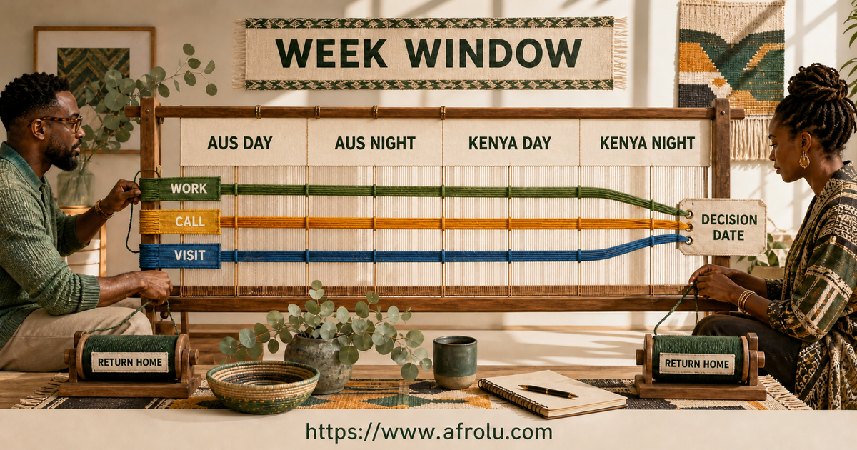 Two Kenyan Australian adults weave work call and visit threads through Australia and Kenya day night windows while each controls a return-home spool