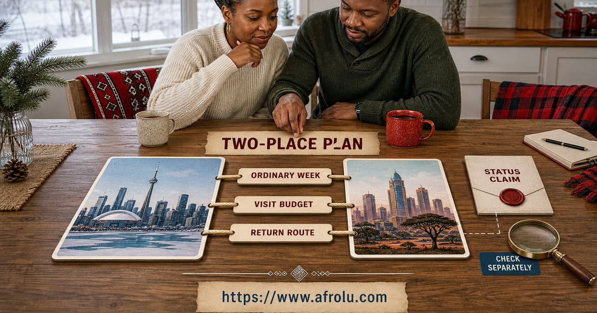Two Kenyan Canadian adults connect Canada and Kenya place cards using ordinary week visit budget and return route while checking a status claim separately