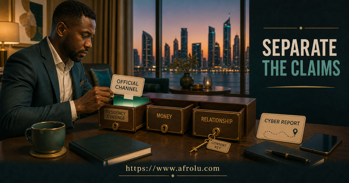 A Kenyan adult in Dubai checks residency evidence through an official channel while money and relationship consent remain in separately locked drawers
