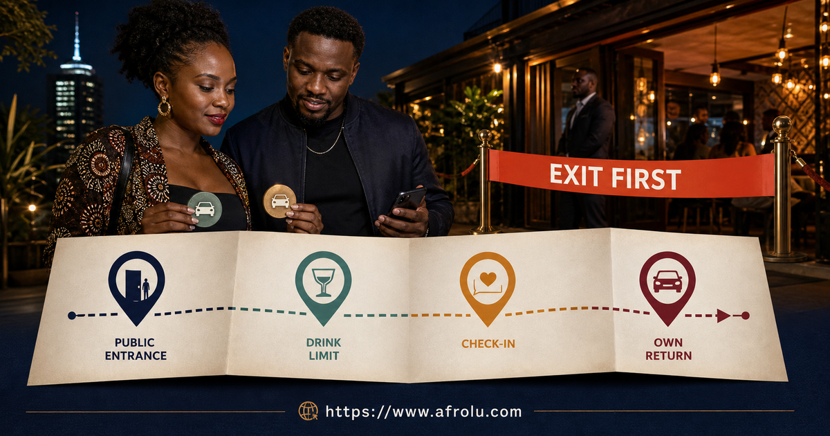 Two Kenyan adults aged over 25 hold separate return tokens beside a nightlife first date route card with public entrance drink limit check-in and own return
