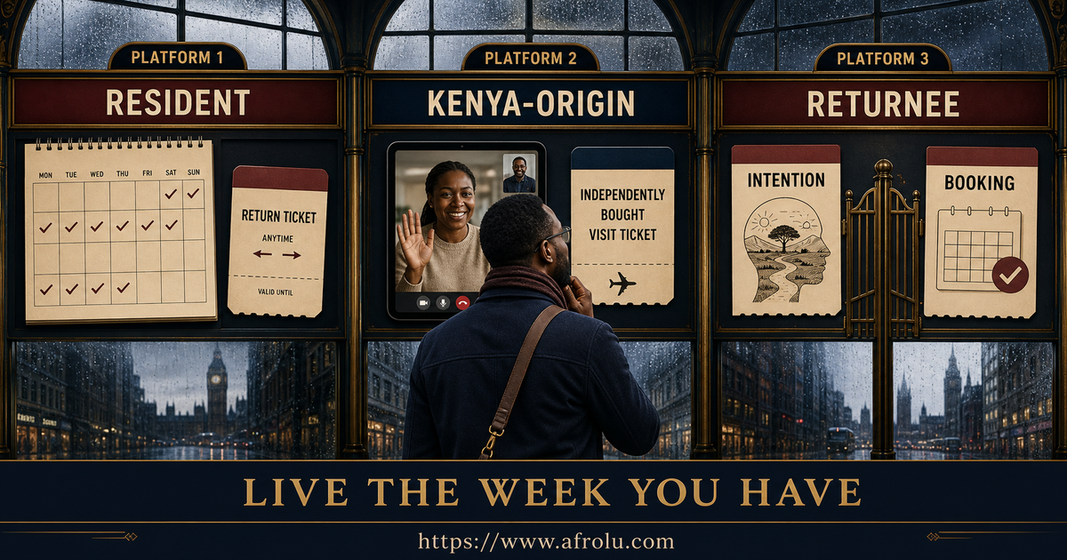 A Kenyan adult in a UK station chooses resident Kenya-origin or returnee evidence from the life and booking that exist now