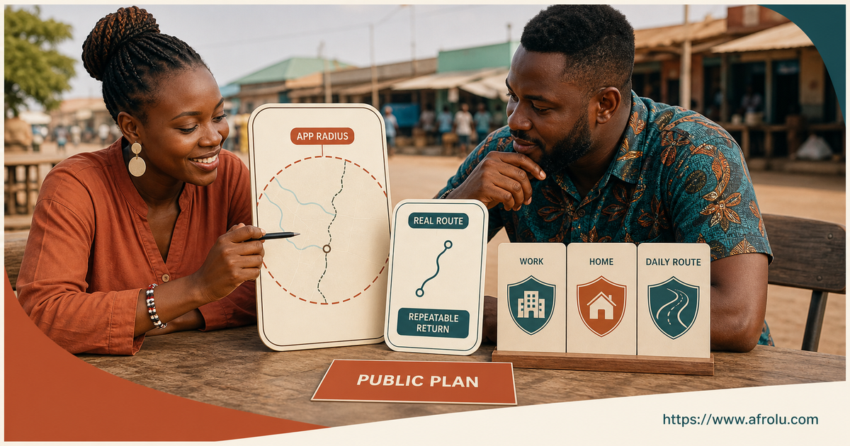 Two adults in Busia compare an app radius with a repeatable return-time map while a border line remains outside the automatic match circle