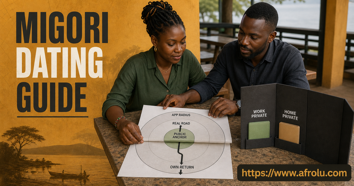 A Migori dating app radius folds along an ordinary road home while two adults keep work and home details behind a profile privacy screen