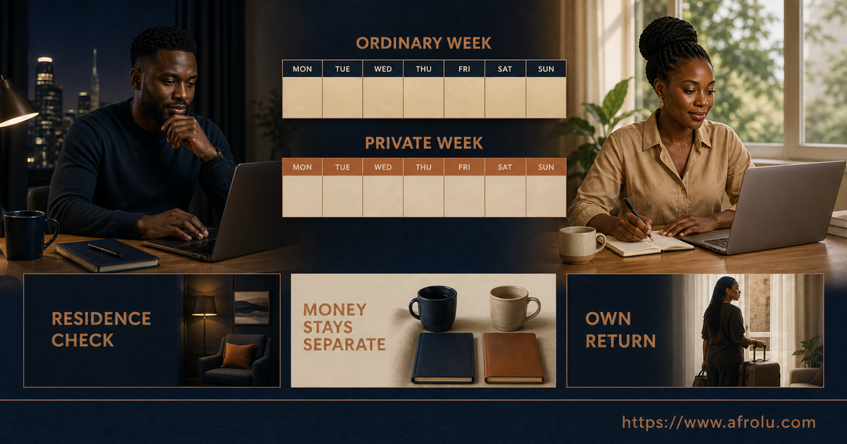 Two Kenyan adults compare Qatar and Kenya private weekly calendars while residence evidence and relationship consent travel on separate rails