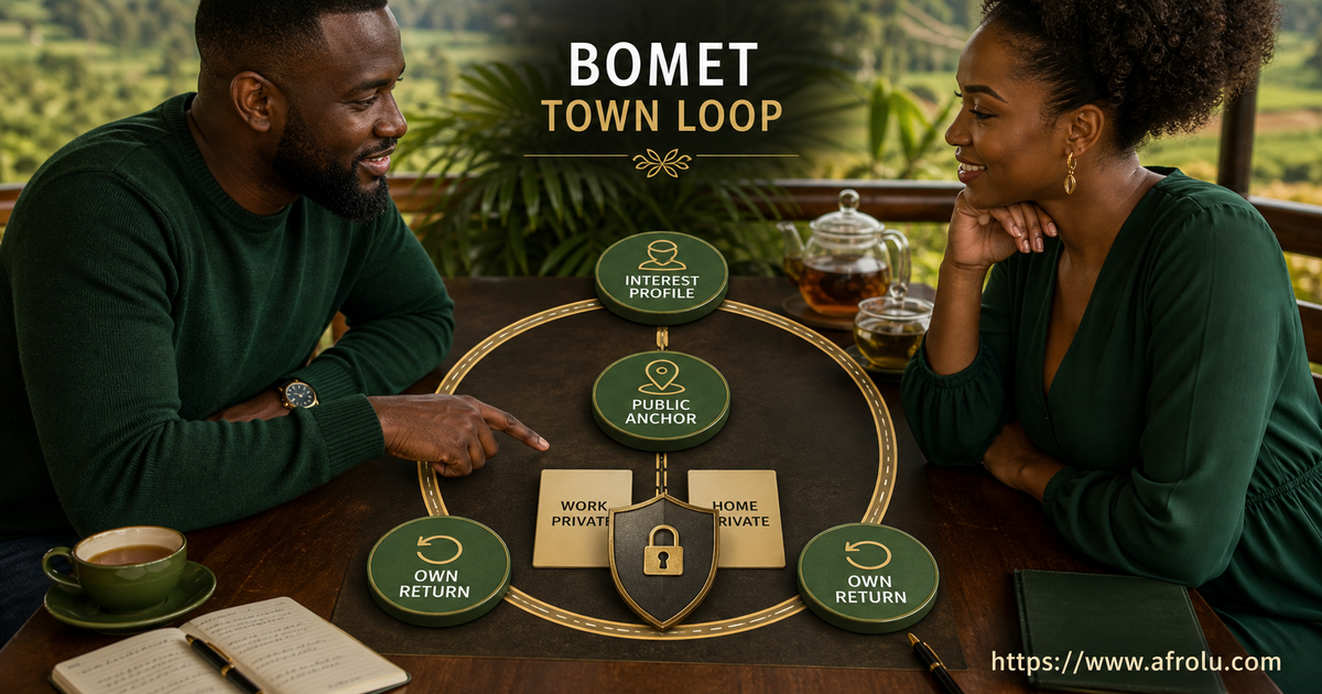 Two adults in Bomet connect an interest-led profile to a public town anchor and two independent returns without exposing work or home