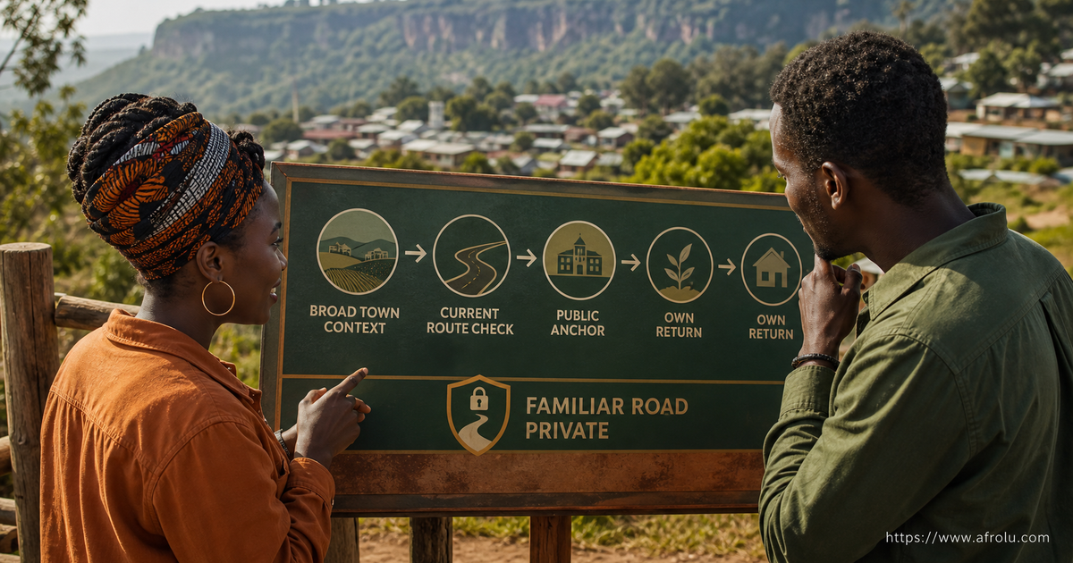 A Kabarnet board connects broad town context and a current route check to a public anchor and two own returns