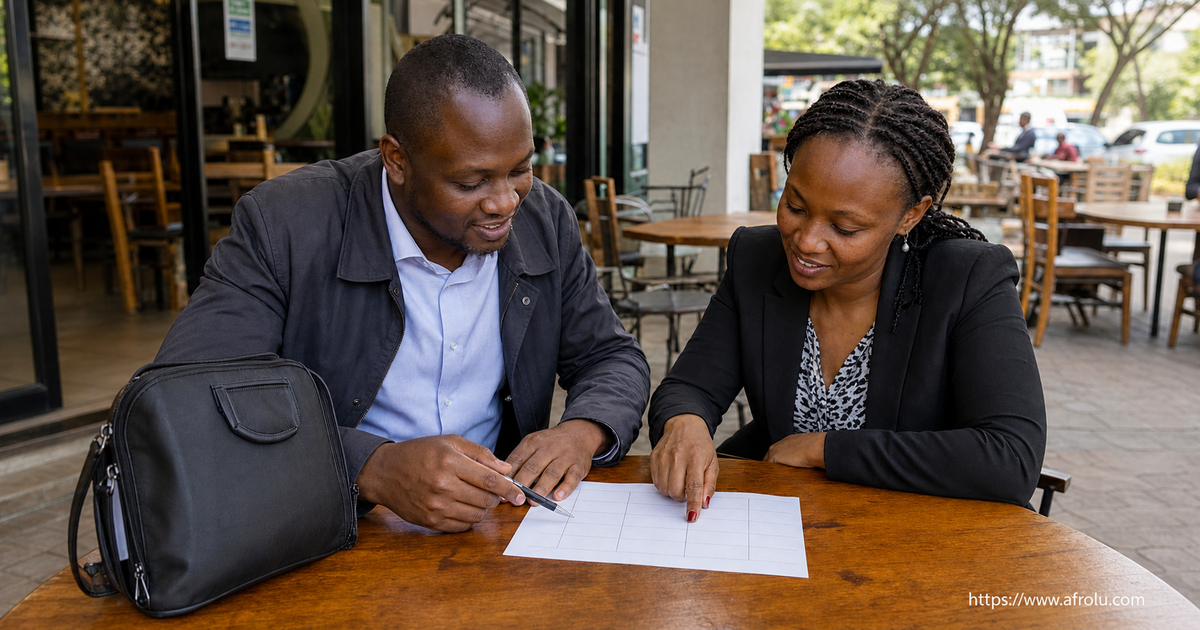 Two eligible Kenyan adults use a blank broad-block calendar at a public cafe while an opaque work bag stays closed