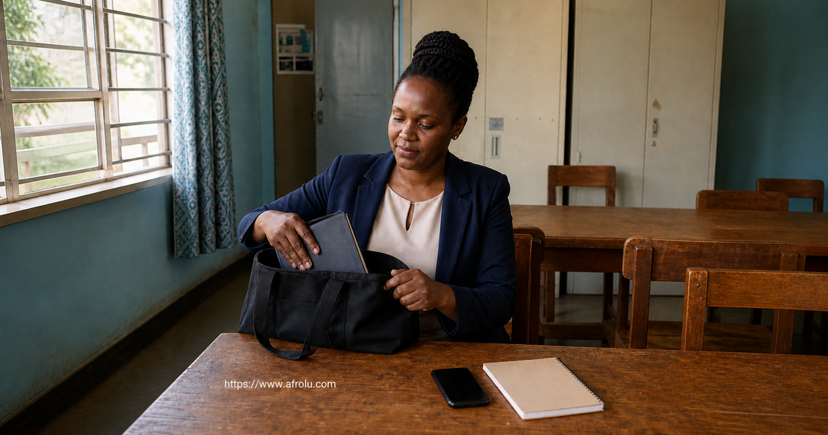 Adult Kenyan teacher places a closed work notebook inside an opaque bag while a separate phone and blank personal notebook remain on the table